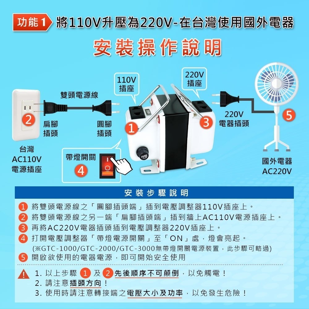 【聖岡】GTC-2000升降電壓變換器 2000瓦 專業型升降電壓調整器 雙向使用 110V- 220V 電器變壓器-細節圖3