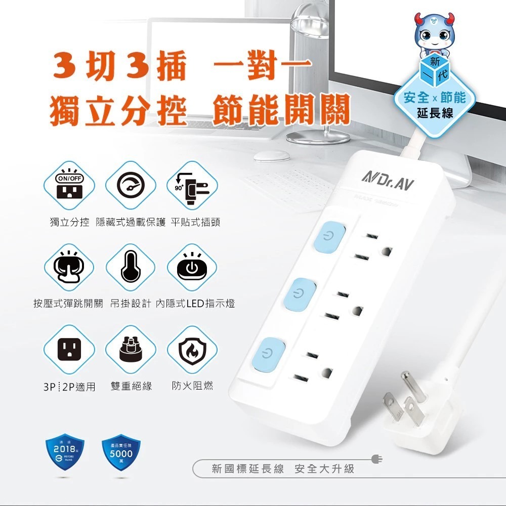 【聖岡科技】3P節能延長線 TX-500 3切3插 6尺節能開關 3頭插頭 獨立開關延長線 節能獨立分控【蘑菇生活家電-規格圖11