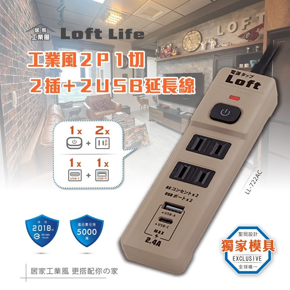 【聖岡科技】工業風 延長線 TX-722AC-4 2個 2P插座 USB充電孔 Type c充電 節電開關 蘑菇生活家電-細節圖4