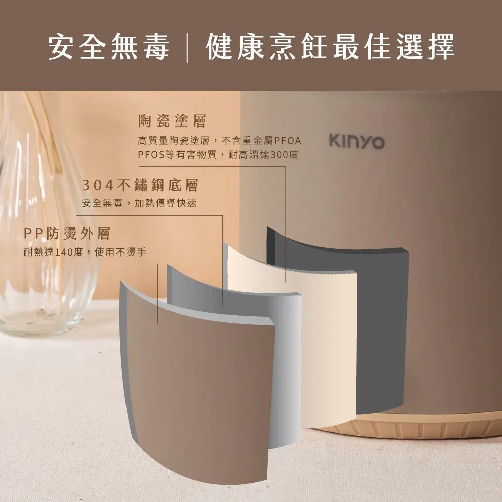 【KINYO】多功能陶瓷美食鍋1.6L 雙層防燙鍋 FP-0775 16公分大口徑 透明玻璃蓋【蘑菇生活家電】-細節圖5