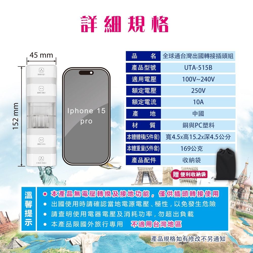 【Dr.AV 聖岡科技】出國用 UTA-515B 全球通用 轉接頭 5件套 萬國轉換插頭 小南非 大南非 插頭 轉換插-細節圖3