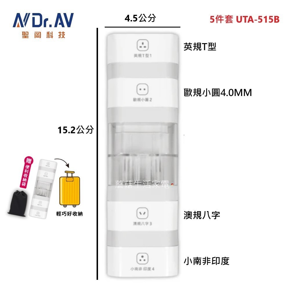 【Dr.AV 聖岡科技】出國用 UTA-515B 全球通用 轉接頭 5件套 萬國轉換插頭 小南非 大南非 插頭 轉換插-規格圖9
