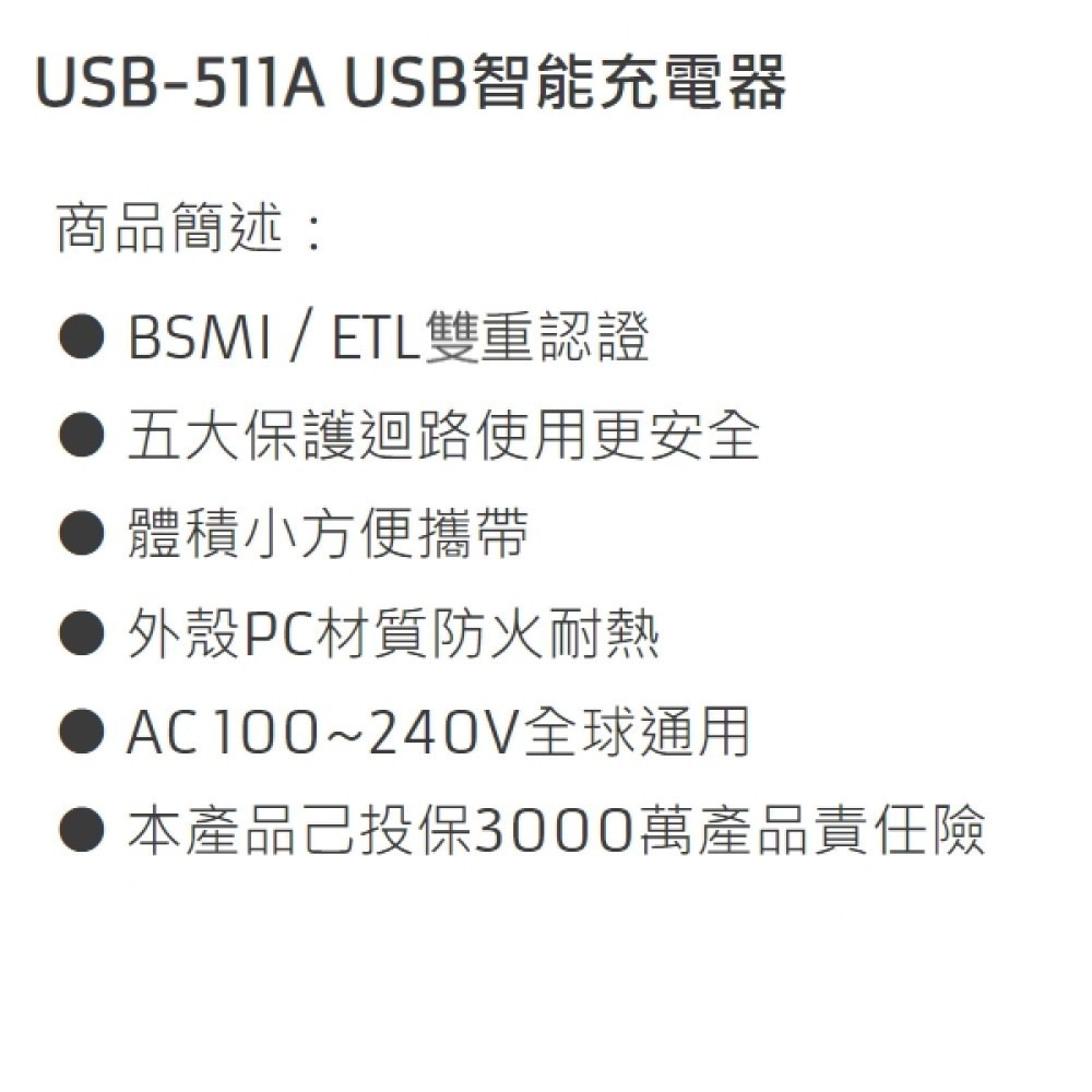 【聖岡科技】USB智能充電器USB-511A 五大迴路保護 行動電源 手機 平板 相機 USB充電器 【蘑菇生活家電】-細節圖8