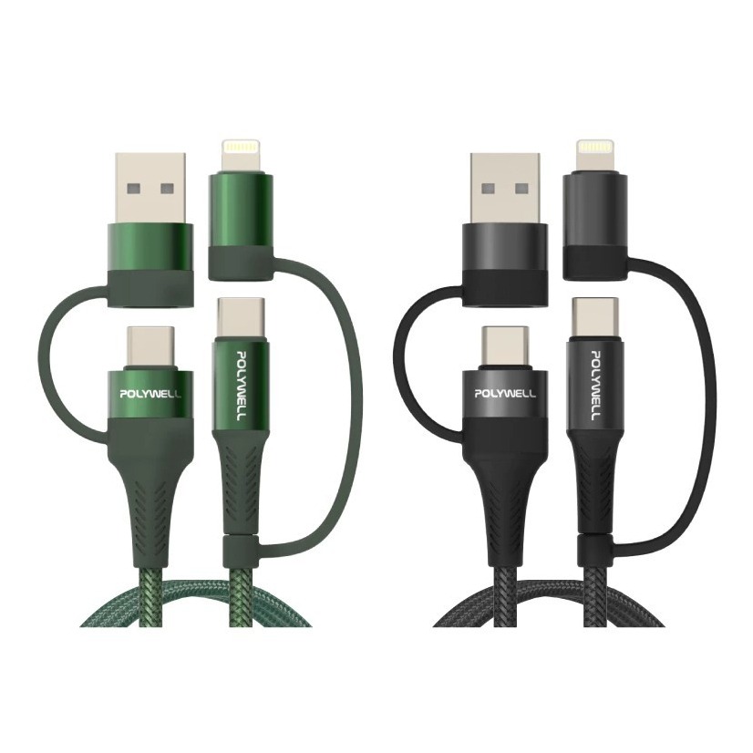 【POLYWELL 寶利威爾】四合一PD編織快充線 USB-A+C+Lightning 1米~2米 適用安卓蘋果-細節圖2