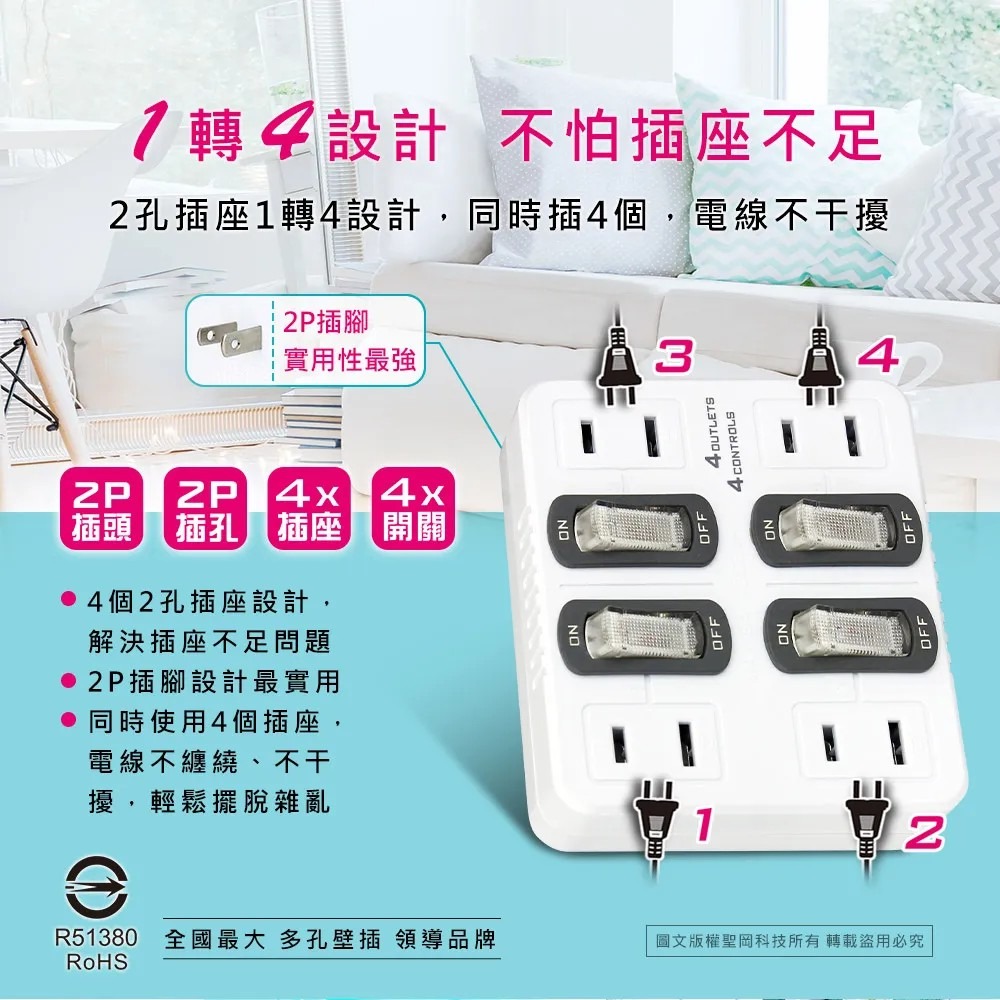 【聖岡】TNT-836S 節電分接器 4開4插 獨立開關 安全斷電 插頭 轉接頭 插座 家居插座 壁插【蘑菇生活家電】-細節圖3