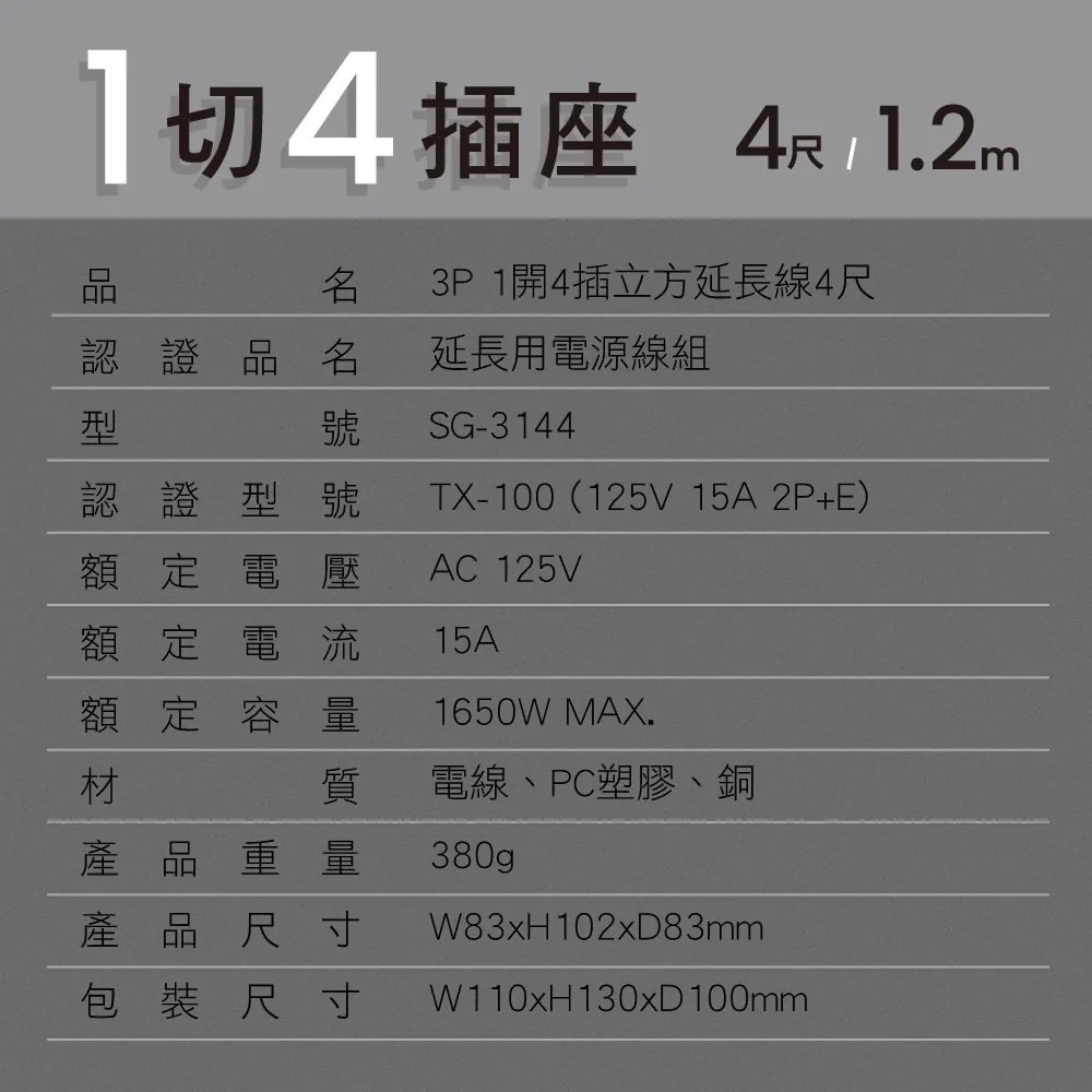 【KINYO】1開4插 3P 立方 延長線 4呎 SG-3144 桌面電腦 節電開關 防火材質 辦公室【蘑菇生活家電】-細節圖9