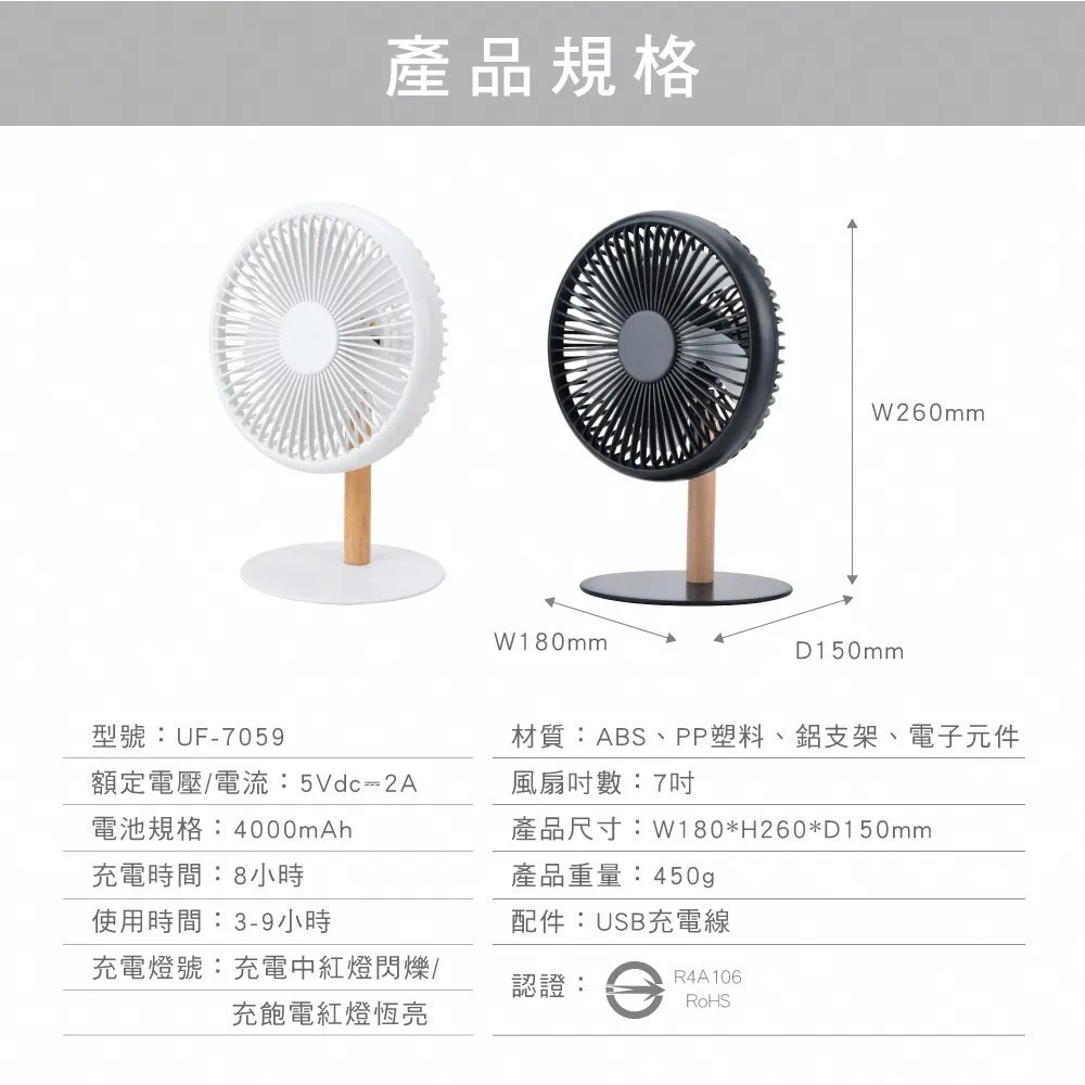 【KINYO】原木質感充電桌扇7吋 UF-7059 小風扇 小夜燈 文青風 小電扇 桌扇 充電桌扇【蘑菇生活家電】-細節圖11