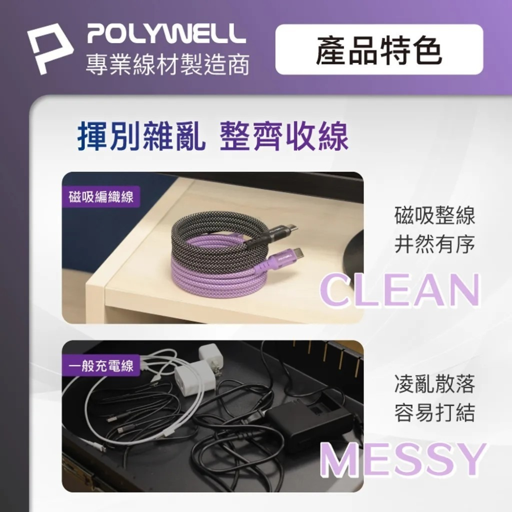 【POLYWELL】磁吸收納 PD快充線 TYPE C To C 鋁合金 編織線 適用 iPhone15 安卓 60W-細節圖2