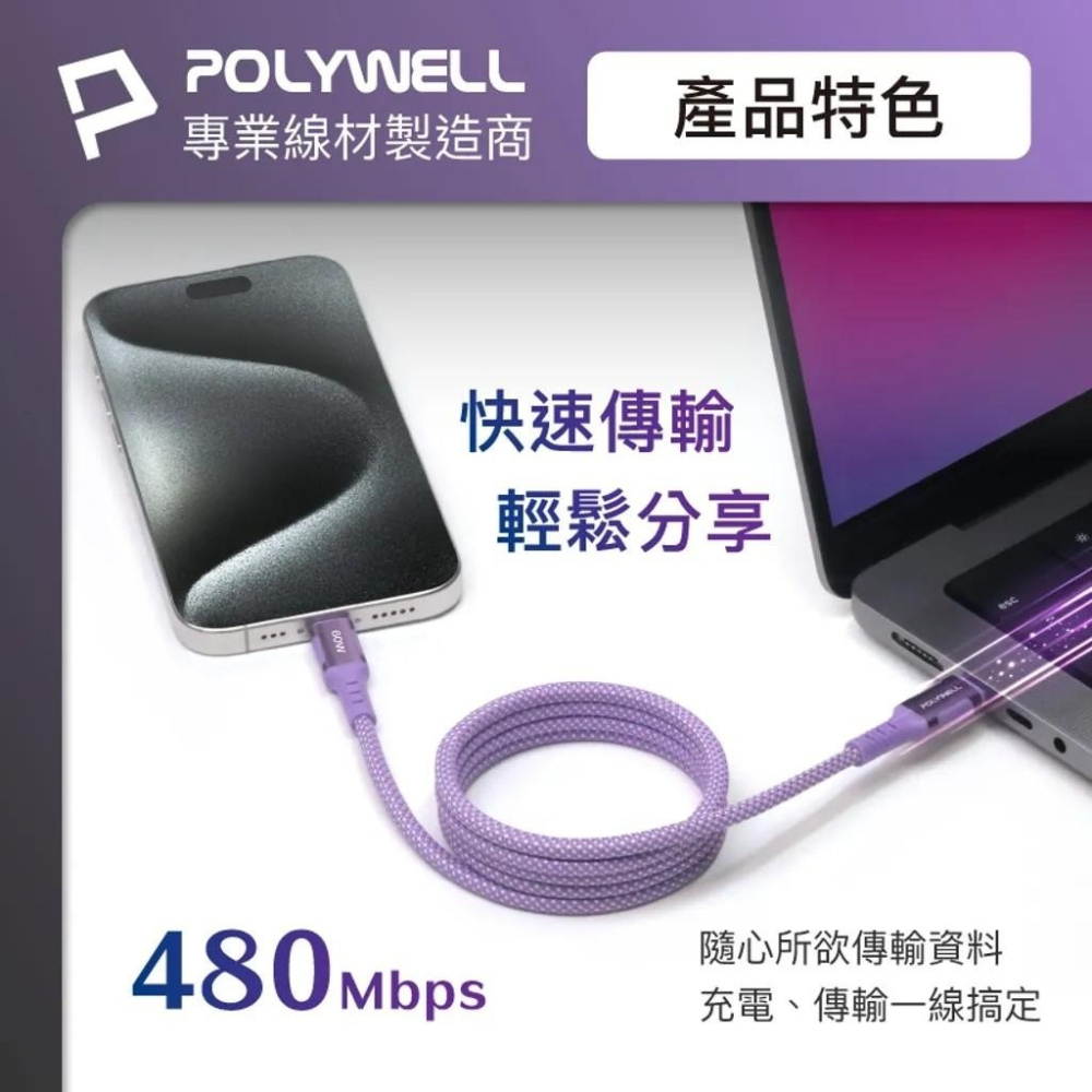 【POLYWELL】磁吸收納 PD快充線 TYPE C To C 鋁合金 編織線 適用 iPhone15 安卓 60W-細節圖3
