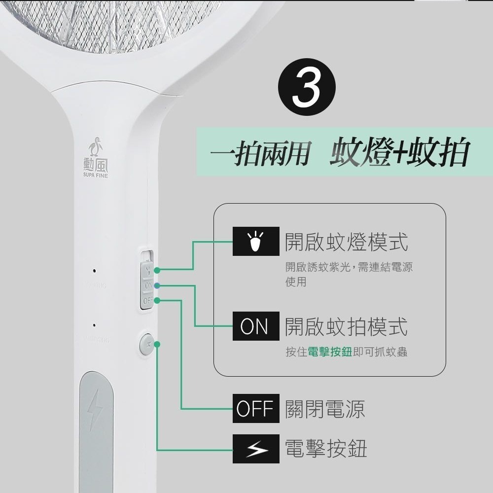 【勳風】二合一 USB充電 電蚊拍 充電捕蚊拍 HFD-T7026 三層網面設計 小黑蚊 果蠅 蚊子可當 捕蚊蚊燈 誘蚊-細節圖4