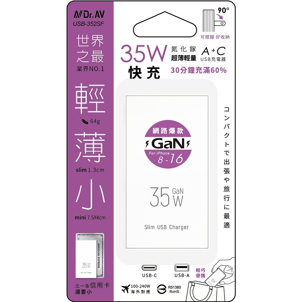 【Dr.AV聖岡】USB-352SF 氮化鎵快充充電器 PD+QC 35W 雙孔快充 GaN超薄摺疊插頭 BSMI認證-細節圖10