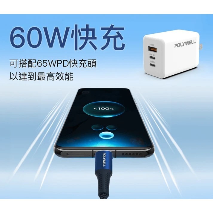 POLYWELL】Type-C To Type-C PD編織快充線 鋁合金適用安卓 手機 平板 寶力威爾 蘑菇生活家電-細節圖4