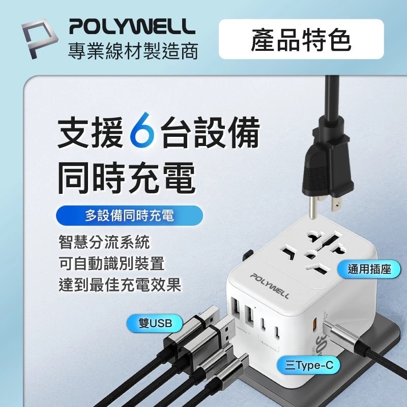 【POLYWELL】多合一萬國轉接頭 旅行轉接插座 70W 三Type-C+雙USB-A BSMI免驗【蘑菇生活家電】-細節圖5