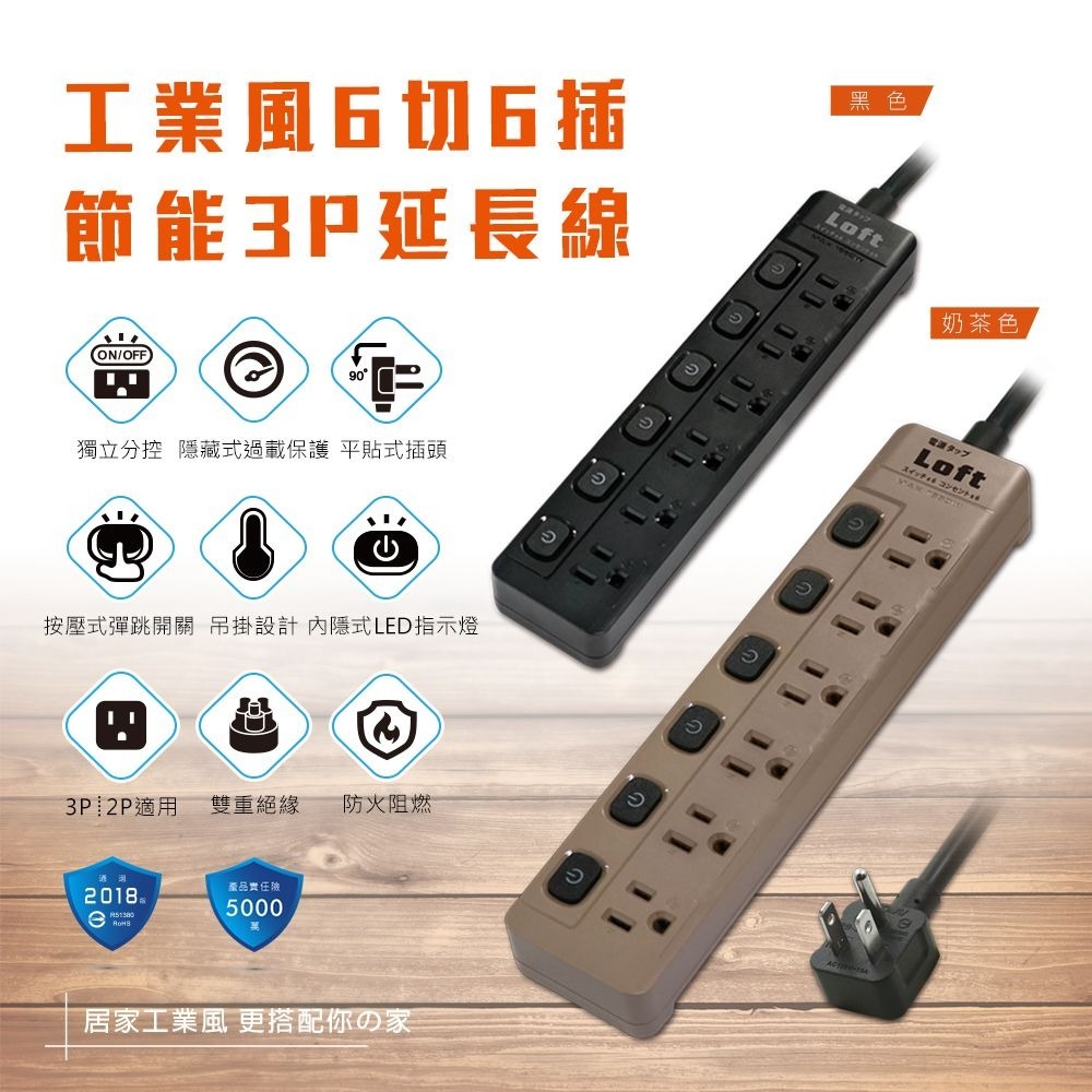Loft工業風 新安規延長線 3芯按壓式 復古風 咖啡/黑 過載自動斷電 獨立開關 BSMI驗證【蘑菇生活家電】-細節圖2