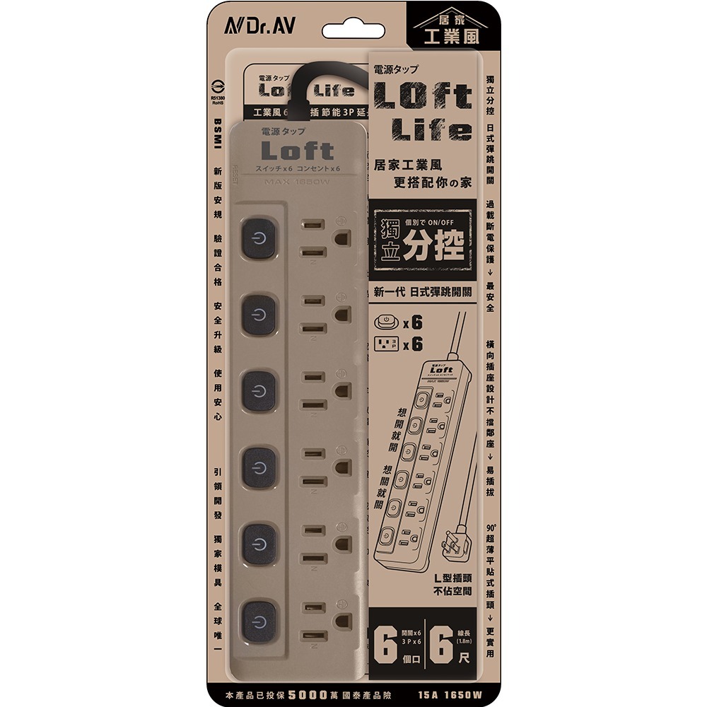 Loft工業風 新安規延長線 3芯按壓式 復古風 咖啡/黑 過載自動斷電 獨立開關 BSMI驗證【蘑菇生活家電】-規格圖11