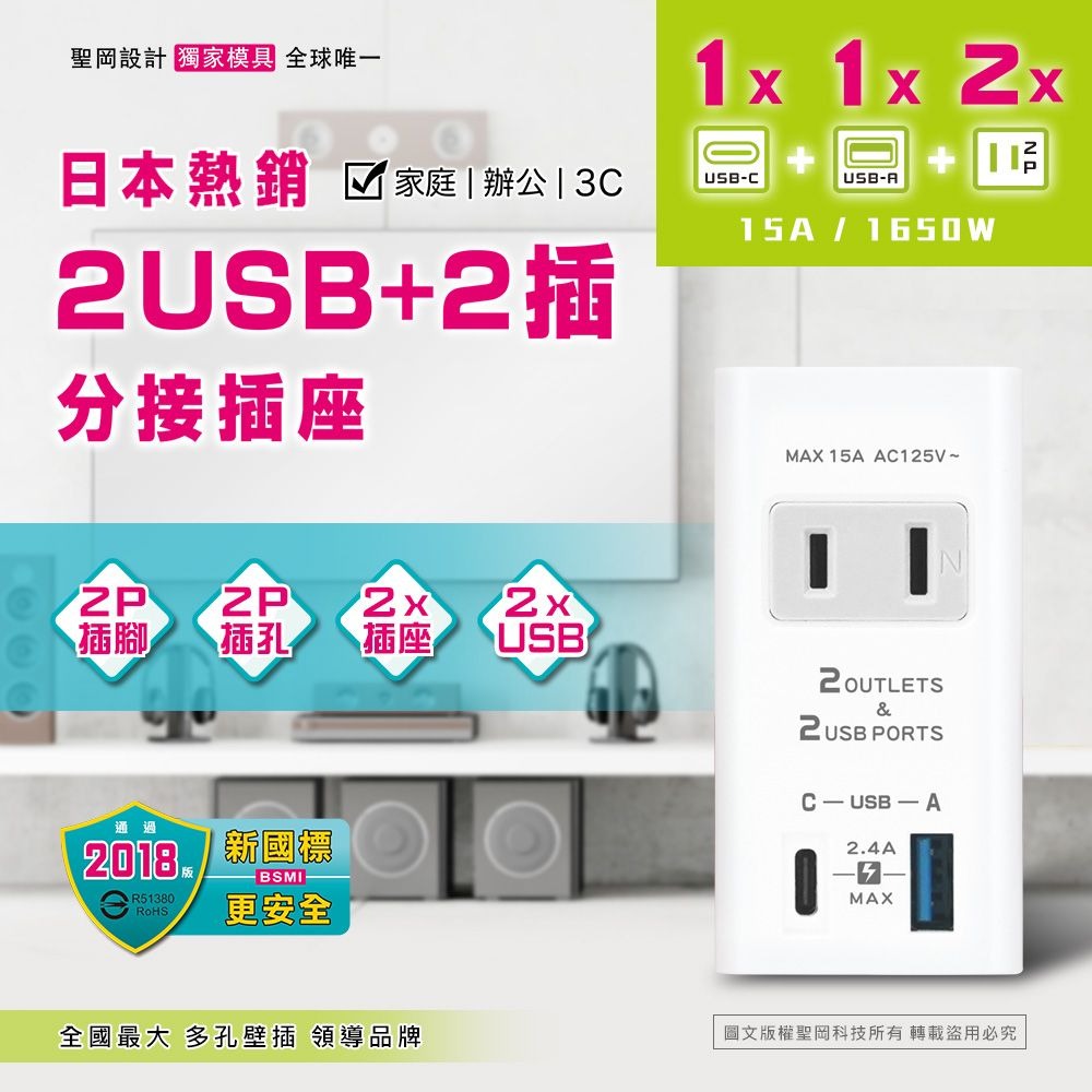 【聖岡科技】2USB+2插 分接插座 插頭 充電器 TYPE C USB充電器 集中管控 防過載 【蘑菇生活家電】-細節圖2