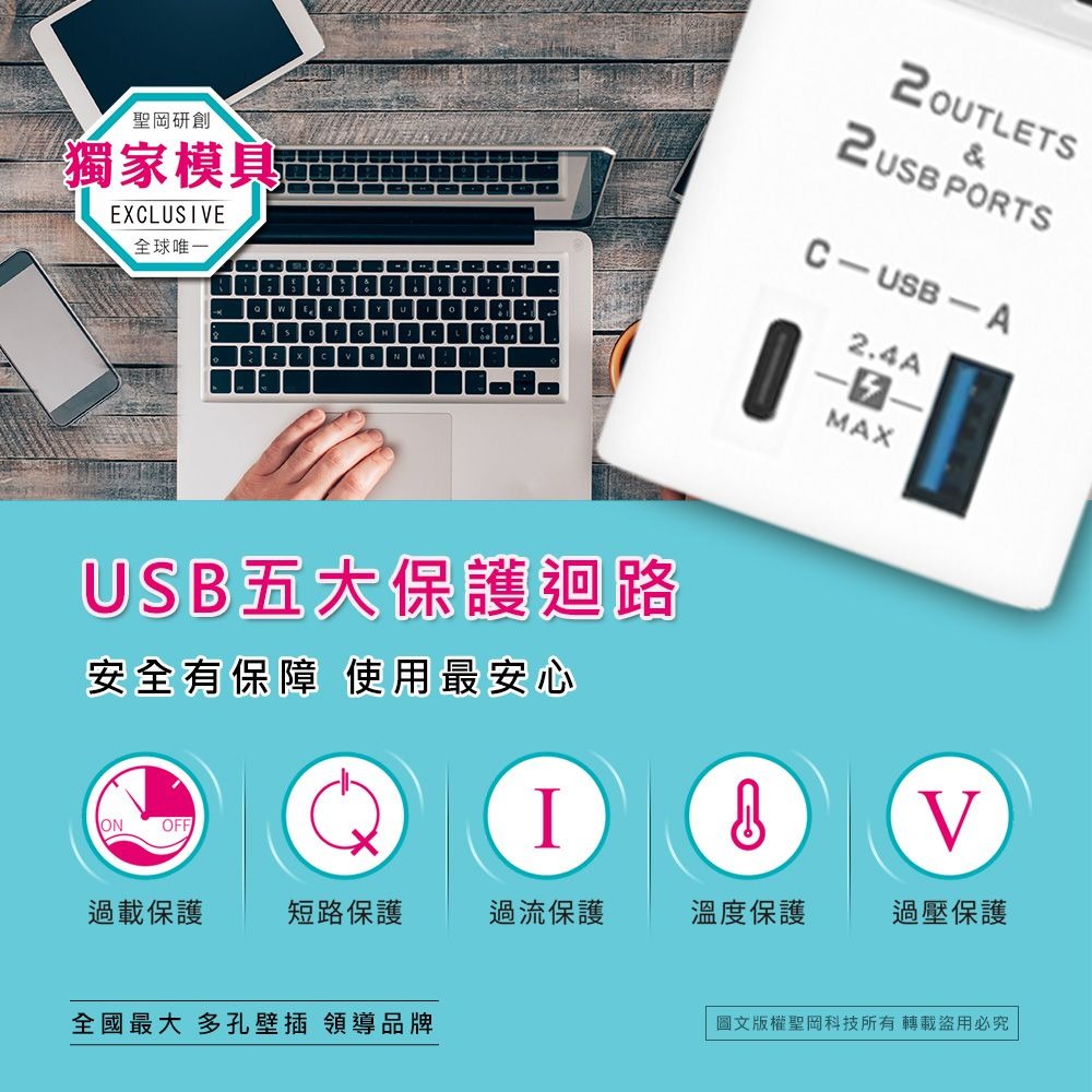【聖岡科技】2USB+2插 分接插座 插頭 充電器 TYPE C USB充電器 集中管控 防過載 【蘑菇生活家電】-細節圖5