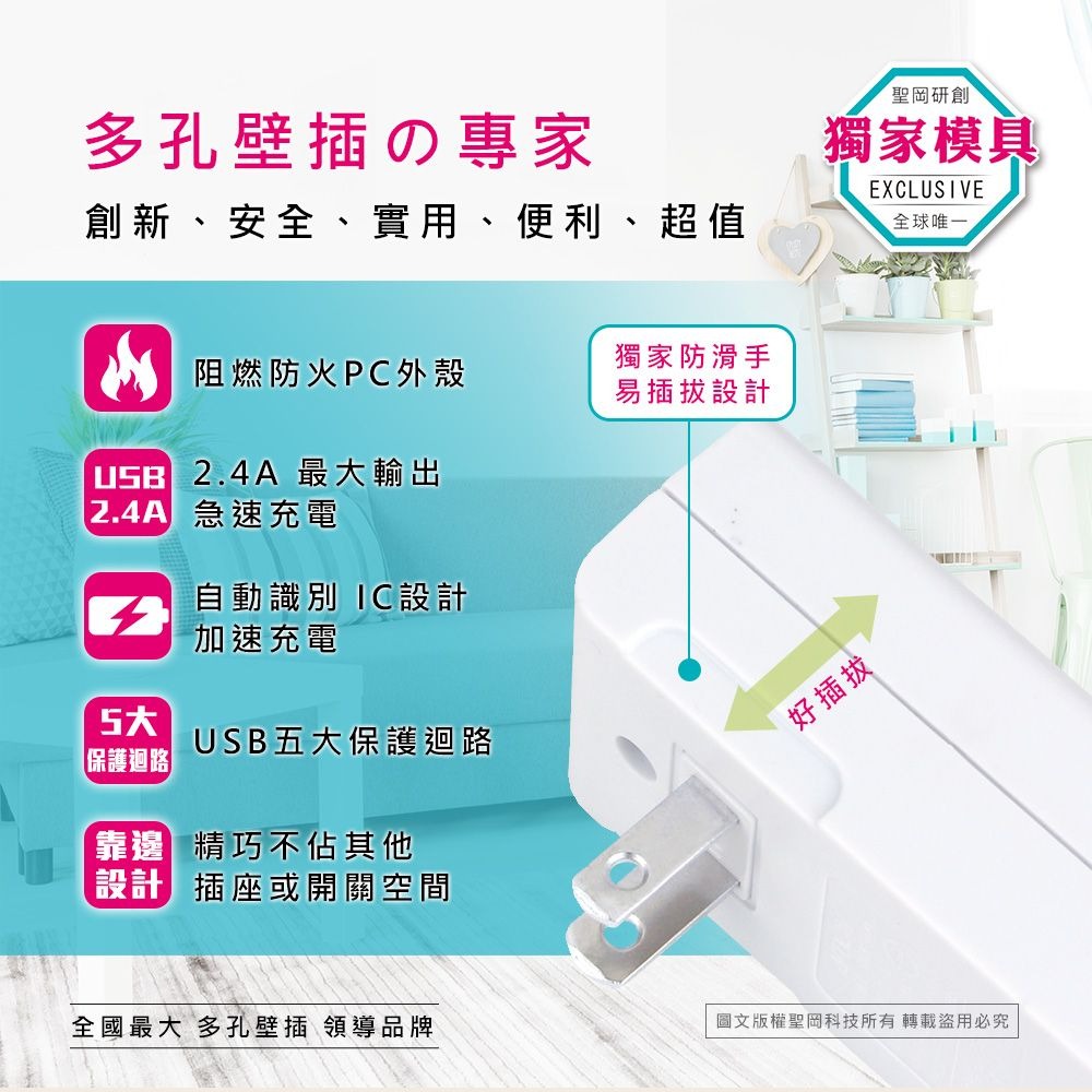 【聖岡科技】2USB+2插 分接插座 插頭 充電器 TYPE C USB充電器 集中管控 防過載 【蘑菇生活家電】-細節圖6