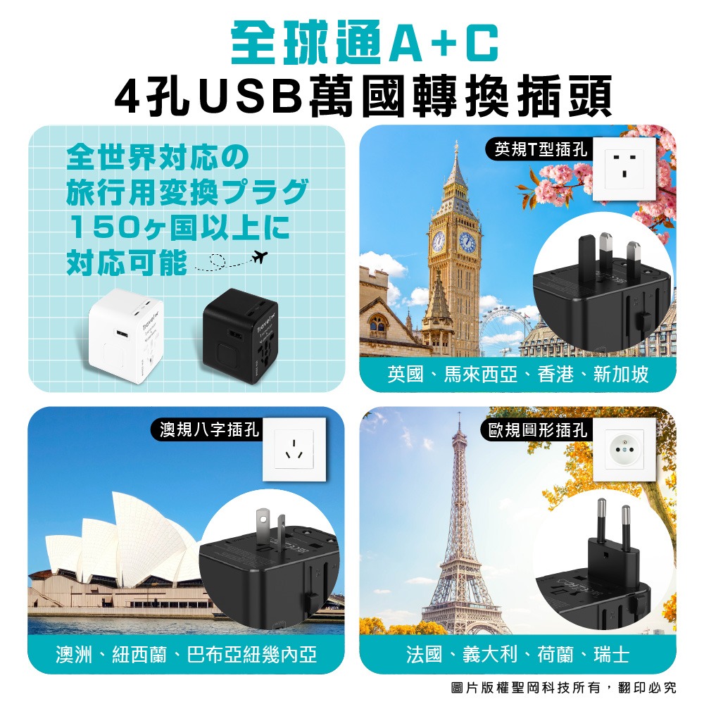 【聖岡科技】UTA-2336 黑/白 全球通A+C 4孔USB萬國轉換插頭(盒裝)-細節圖3
