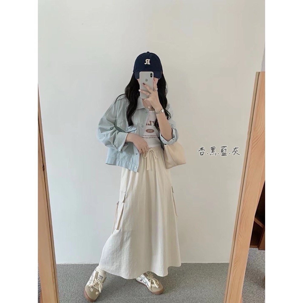 【預購】百搭男友風抽繩工裝長裙-細節圖4