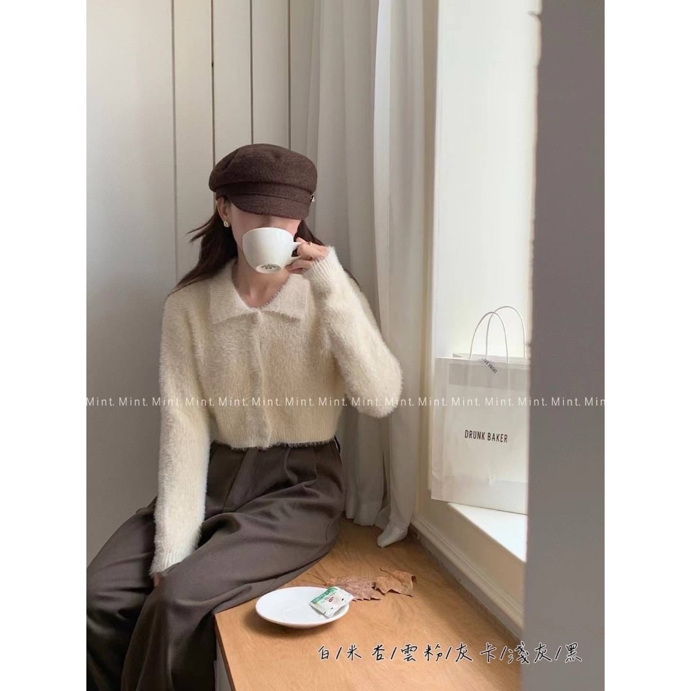 【預購】水貂毛翻領短版針織毛衣-細節圖2