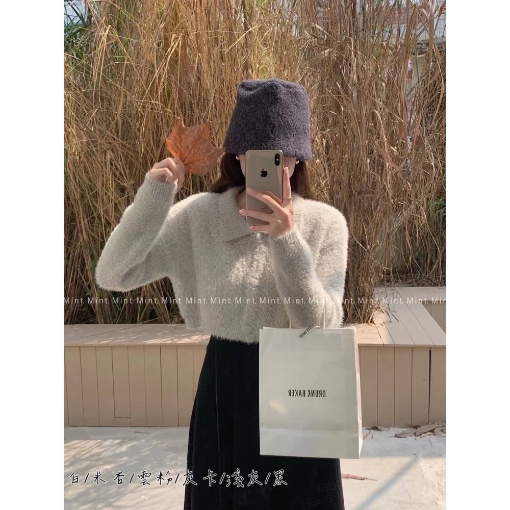 【預購】水貂毛翻領短版針織毛衣-細節圖3