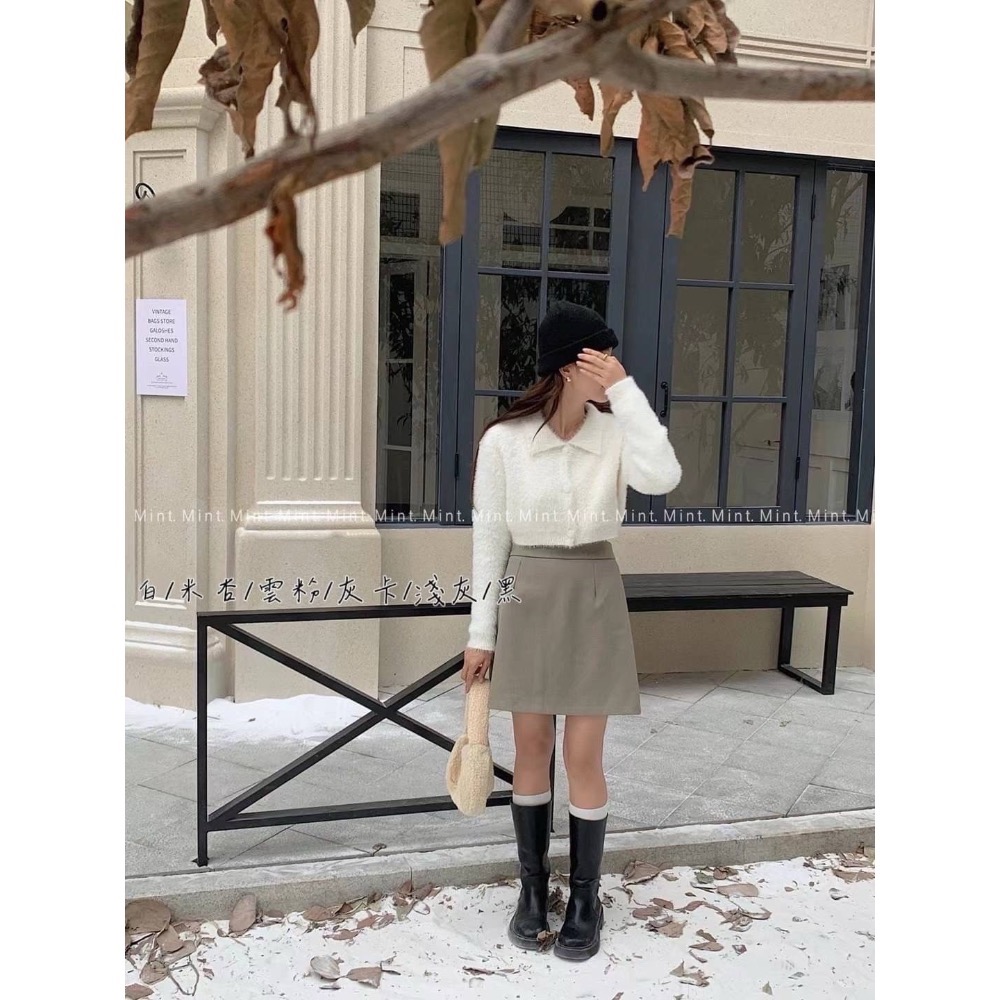 【預購】水貂毛翻領短版針織毛衣-細節圖4