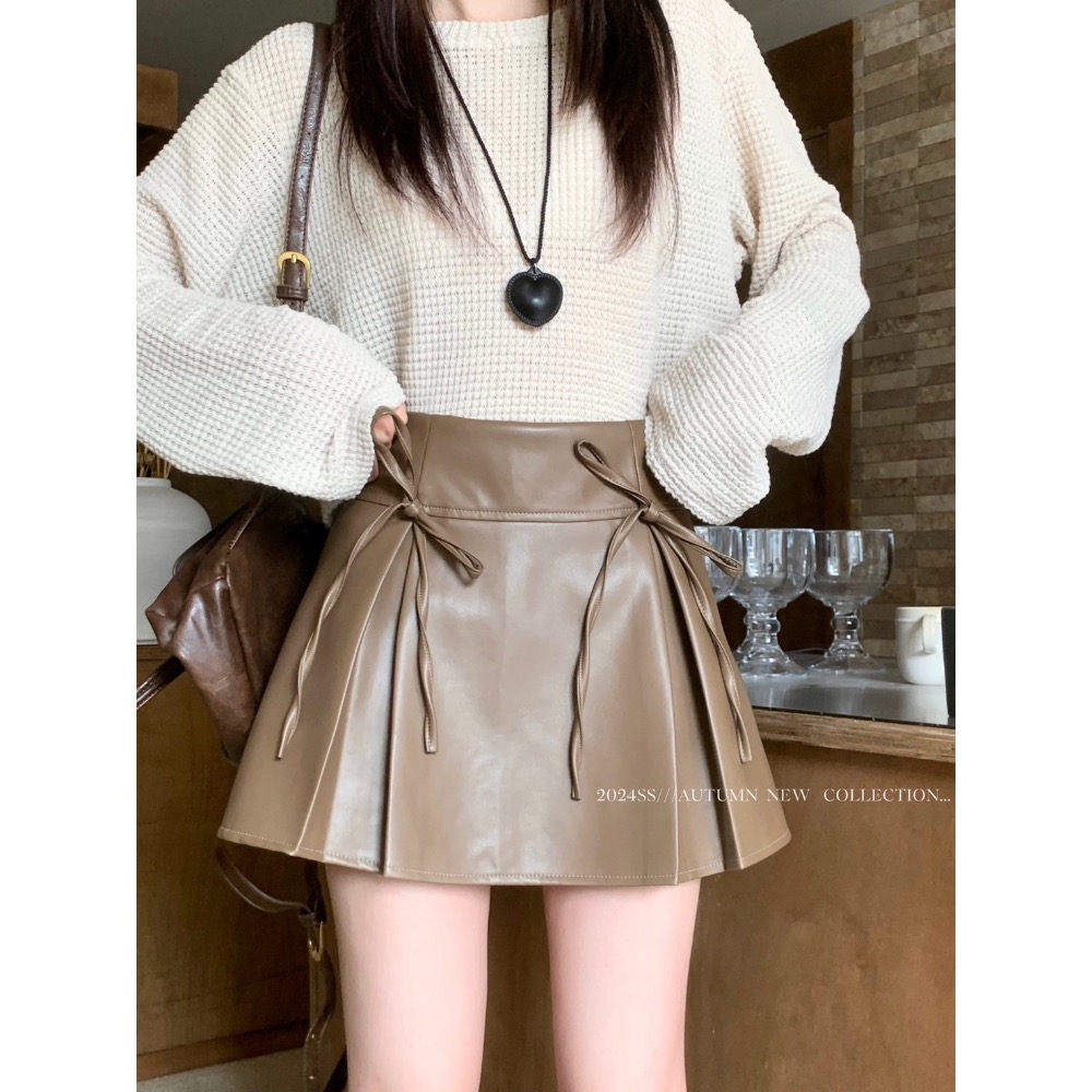 【預購】韓系蝴蝶結A字皮裙-細節圖5
