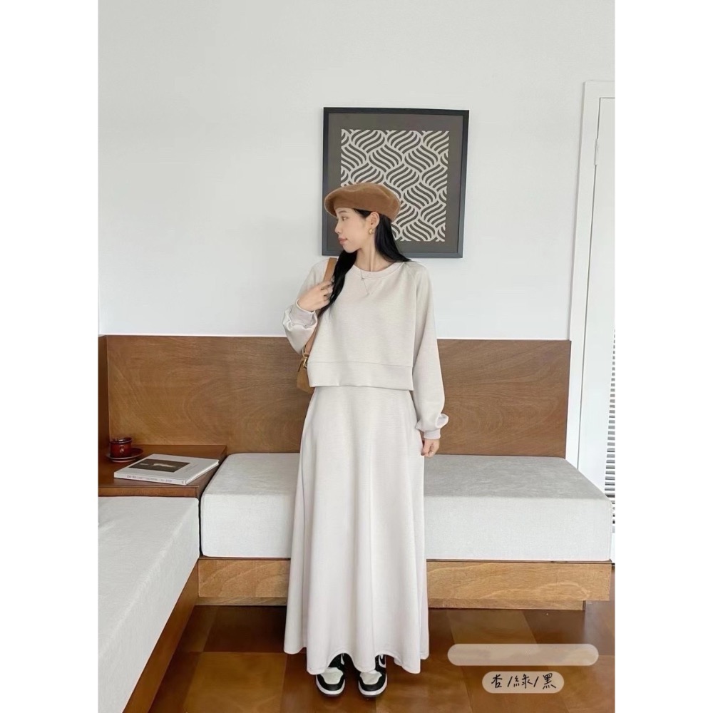 【預購】質感空氣棉長裙套裝 set（附皮帶）-細節圖3