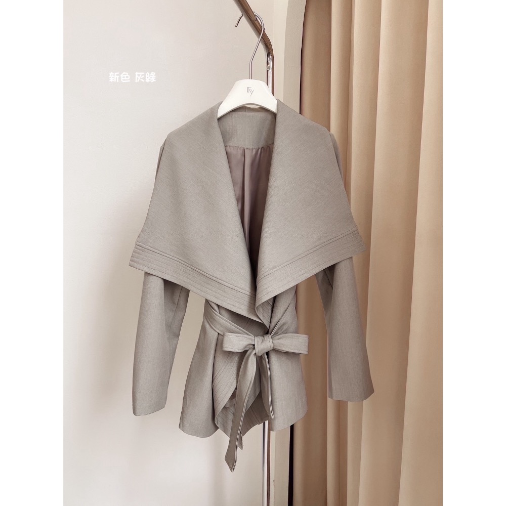 短版翻領綁帶風衣外套-細節圖2