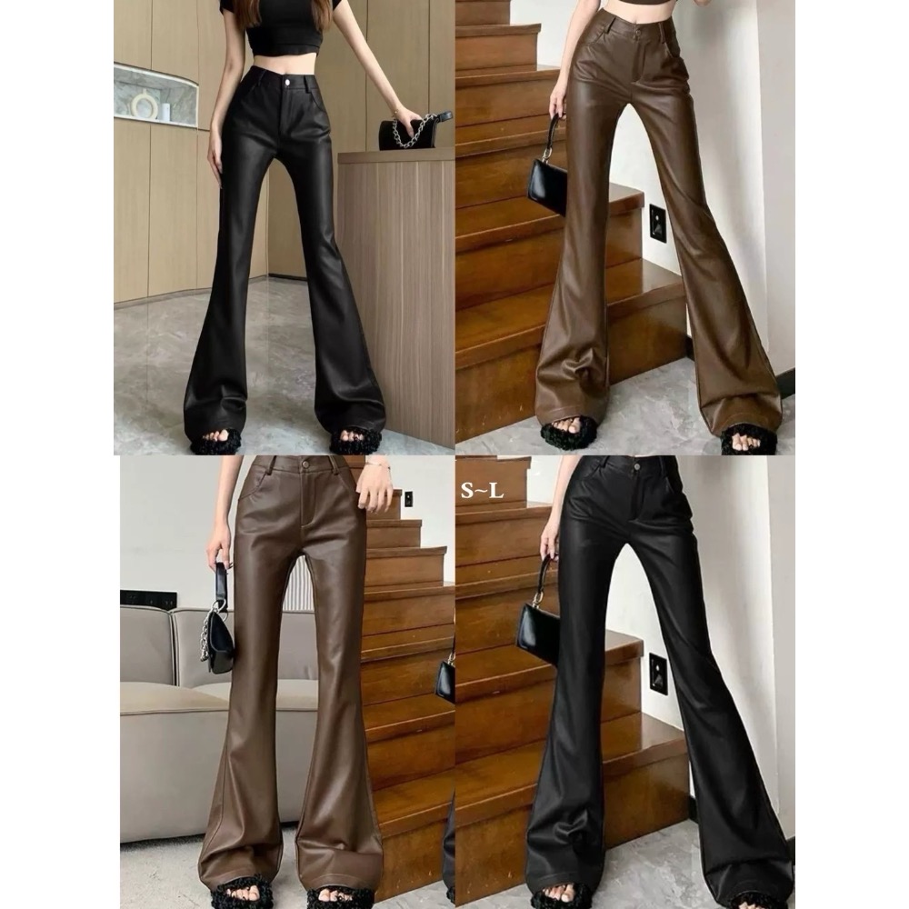 時尚高腰微喇叭皮褲-細節圖2