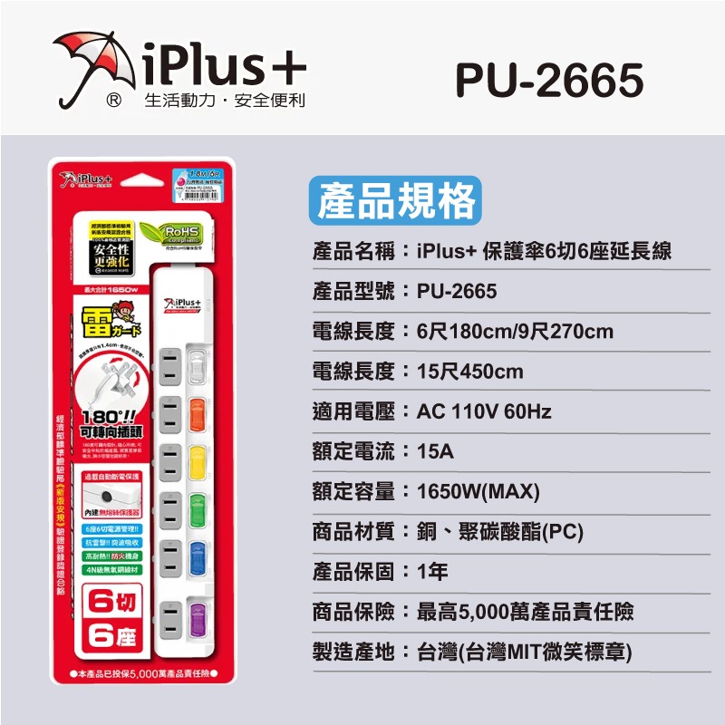 《台灣製造》保護傘6開6座iPlus+延長線6尺/9尺/15尺-細節圖6