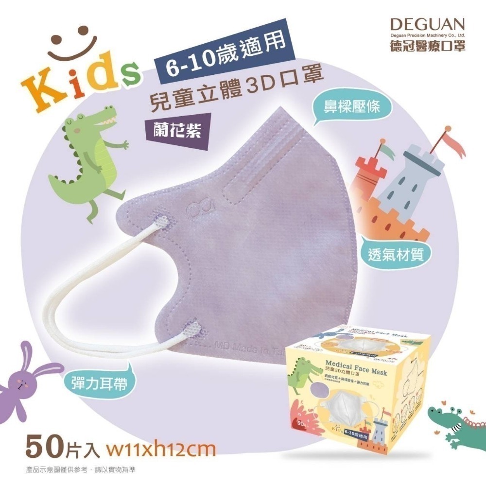 【宜購坊】德冠 兒童6-10歲 3D立體醫療口罩   (50入/盒)-規格圖2