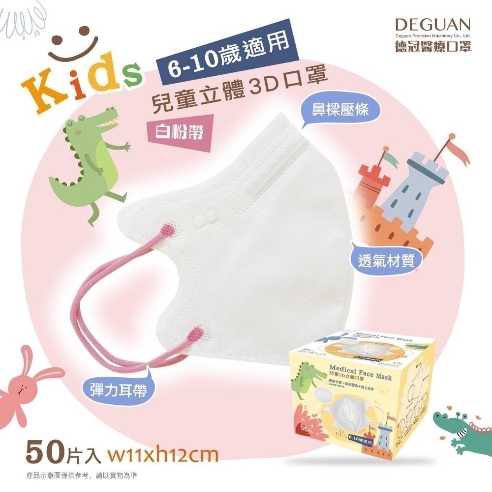 【宜購坊】德冠 兒童6-10歲 3D立體醫療口罩   (50入/盒)-規格圖2