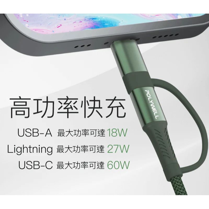 【宜購坊】POLYWELL 四合一PD編織快充線 USB-A+C+Lightning 1米~2米 適用安卓蘋果-細節圖6