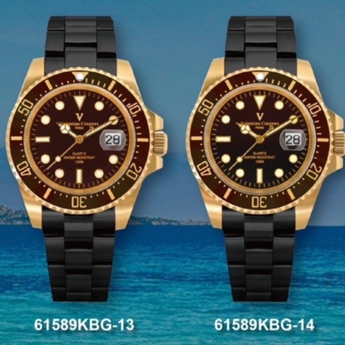 范倫鐵諾古柏 valentino coupeau  范倫鐵諾 古柏 黑鋼金殼水鬼腕錶 石英錶 潛水錶-細節圖7