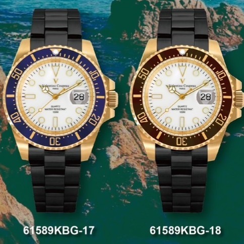 范倫鐵諾古柏 valentino coupeau  范倫鐵諾 古柏 黑鋼金殼水鬼腕錶 石英錶 潛水錶-細節圖9