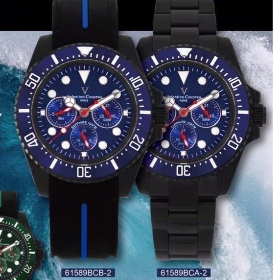 范倫鐵諾古柏 valentino coupeau  范倫鐵諾 古柏 三眼水鬼腕錶 石英錶 潛水錶 黑鋼 矽膠-細節圖2