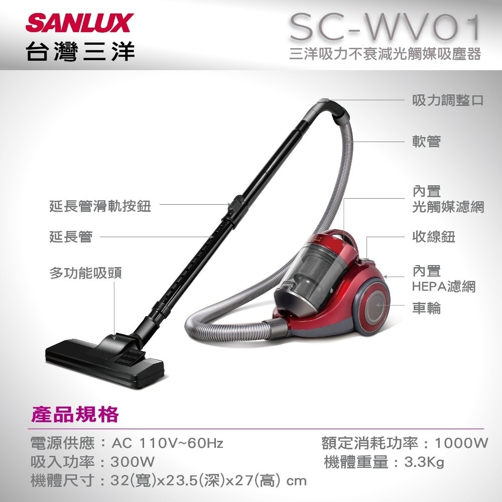300W超大吸力 SANLUX台灣三洋 吸力不衰減光觸媒吸塵器 SC-WV01-細節圖9
