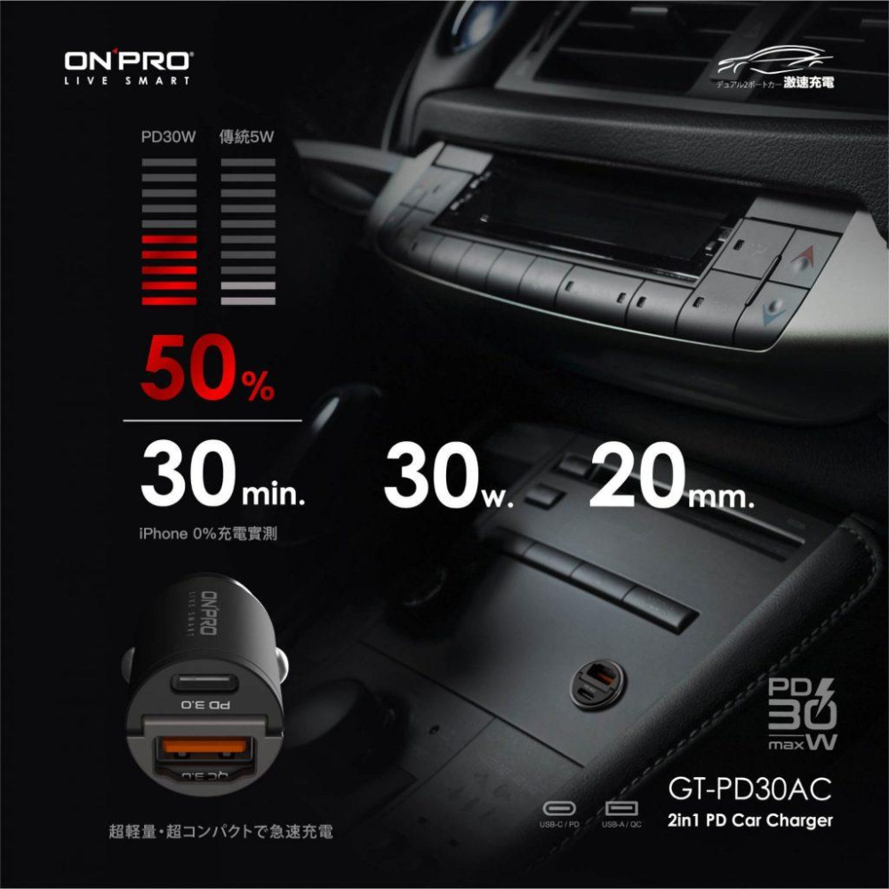 ONPRO GT-PD30AC 雙模式快充 PD+QC3.0 30W急速車用充電器 車充 車用快充頭 車用充電器-細節圖4