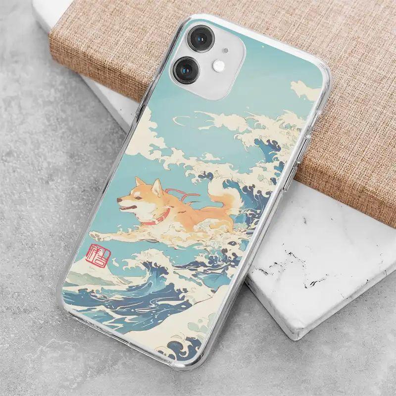 創意PP熊 蘋果 iPhone14 Pro 浮世繪衝浪柴犬空壓殼手機殼 防摔殼-細節圖3