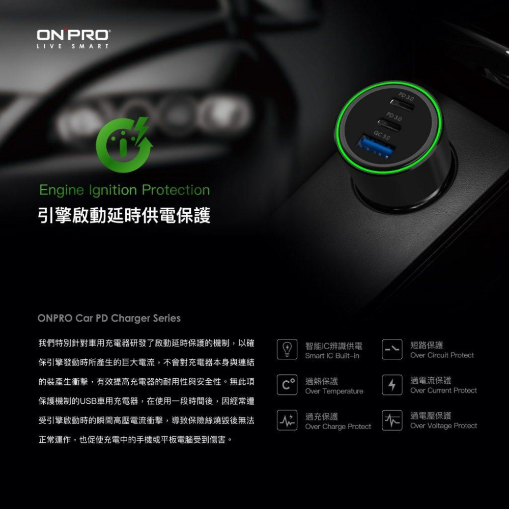 ONPRO ONPRO GT-G100 雙模式快充 PD+QC3.0 100W 急速車用充電器 車充 車用快充頭-細節圖2