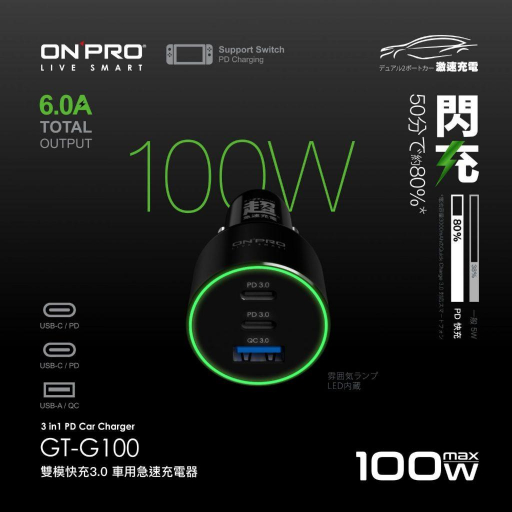 ONPRO ONPRO GT-G100 雙模式快充 PD+QC3.0 100W 急速車用充電器 車充 車用快充頭-細節圖3