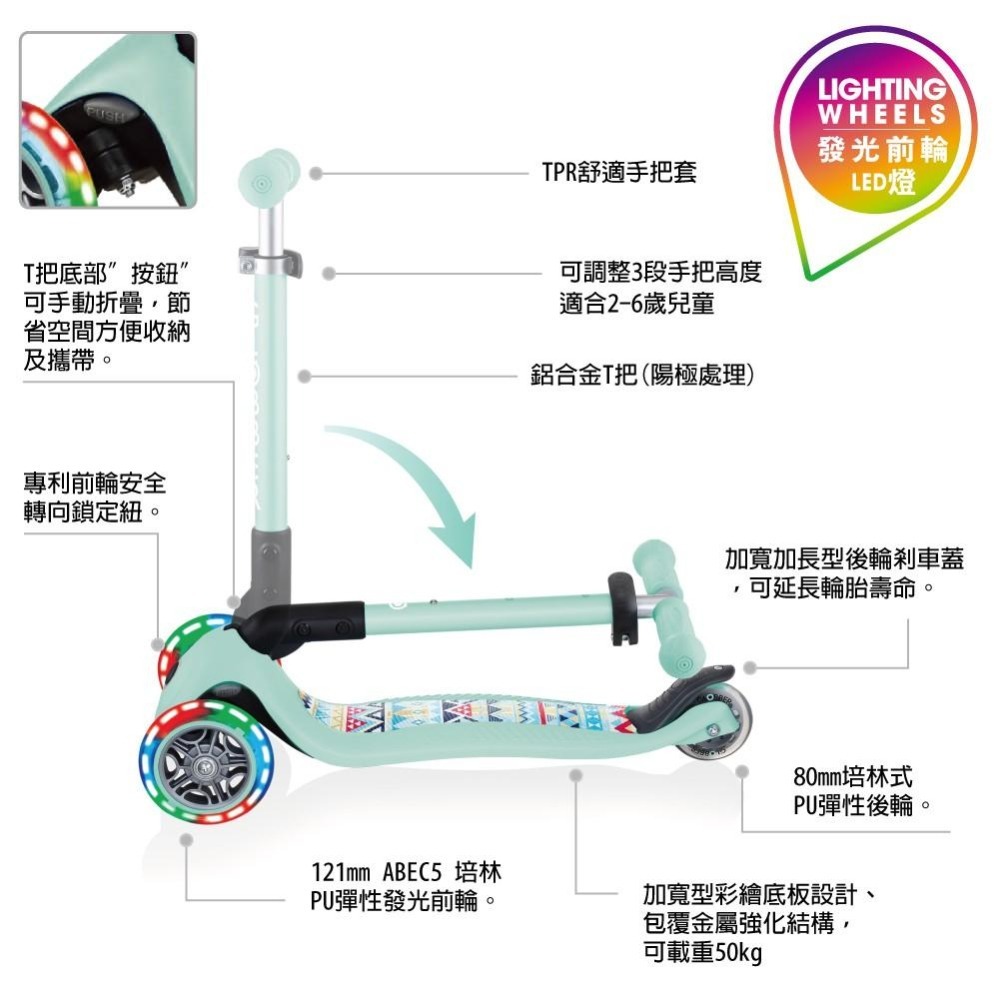 GLOBBER 兒童2合1三輪折疊滑板車迷你夢幻版(LED發光前輪)-波西米亞薄荷綠-細節圖7