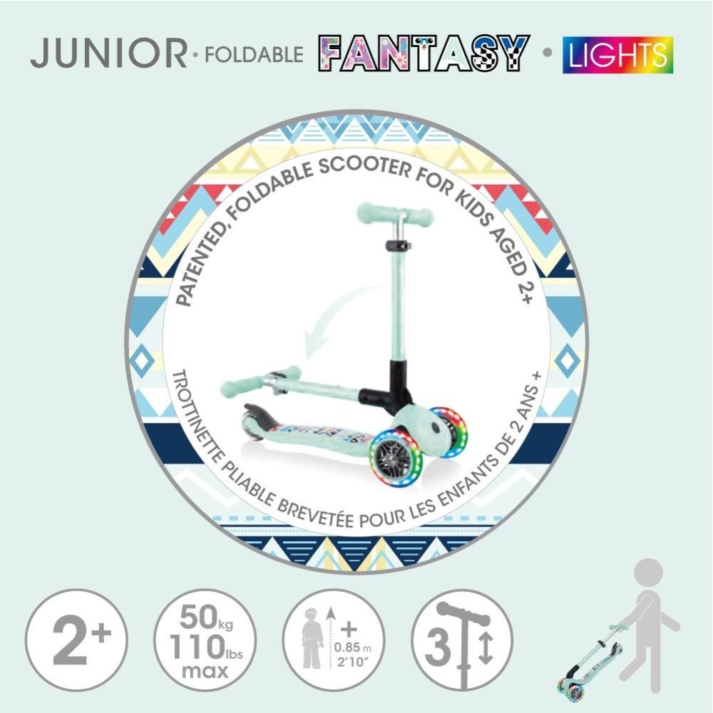 GLOBBER 兒童2合1三輪折疊滑板車迷你夢幻版(LED發光前輪)-波西米亞薄荷綠-細節圖8