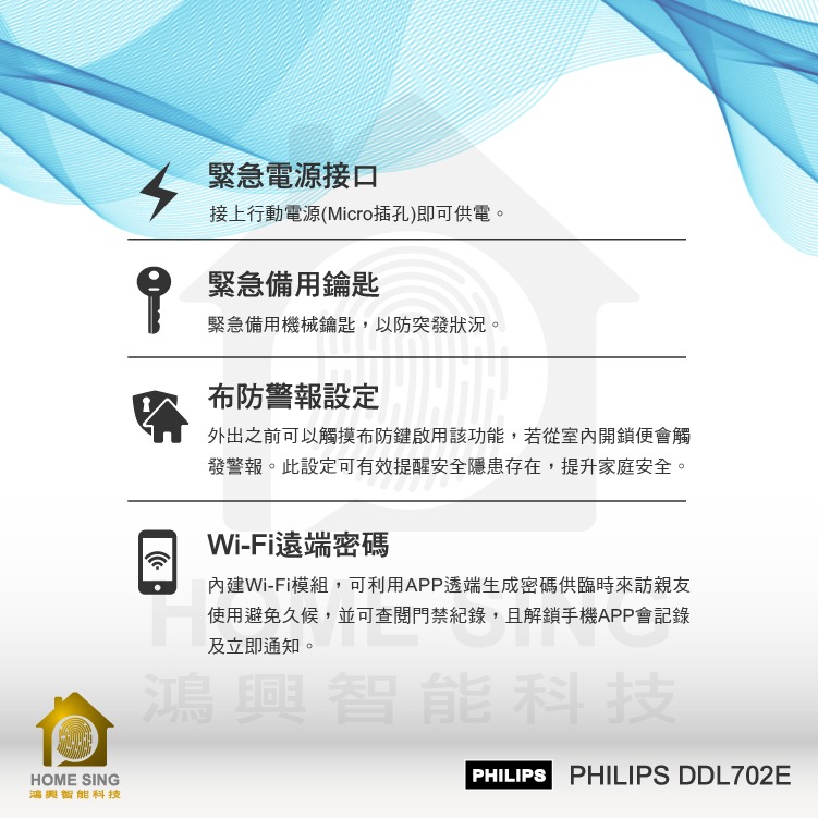 公司貨PHILIPS 702E 指紋/卡片/密碼/鑰匙/遠端/五合一電子鎖 附基本安裝-細節圖2