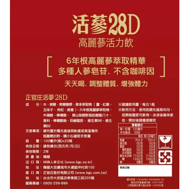 正官庄     28D高麗蔘活力飲      100毫升 X 20瓶-細節圖2