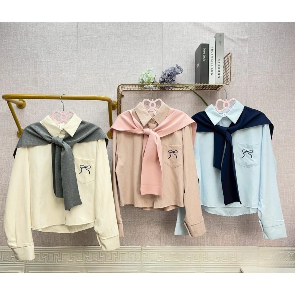 MIMA女王❤Y464💡蝴蝶結休閒短版附披肩襯衫-細節圖4