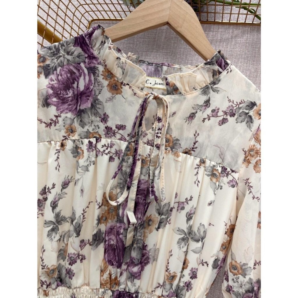 MIMA女王❤A166💡小荷葉綁帶碎花長洋裝-細節圖2