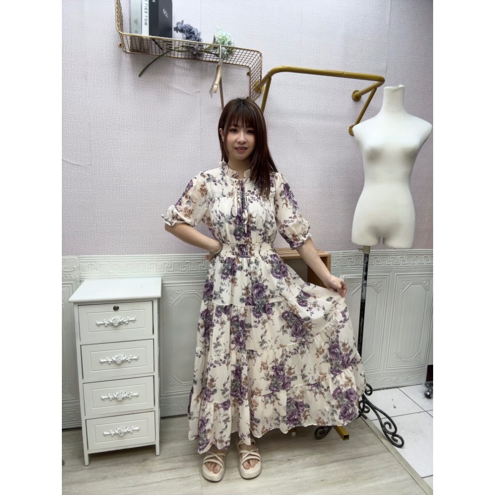 MIMA女王❤A166💡小荷葉綁帶碎花長洋裝-細節圖3